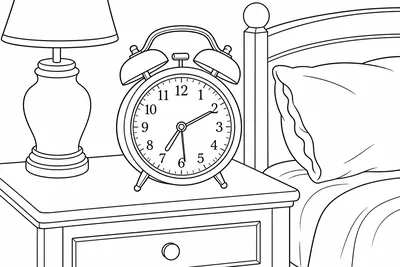 A round alarm clock with two bells on top and a small stand, sitting on a bedside table