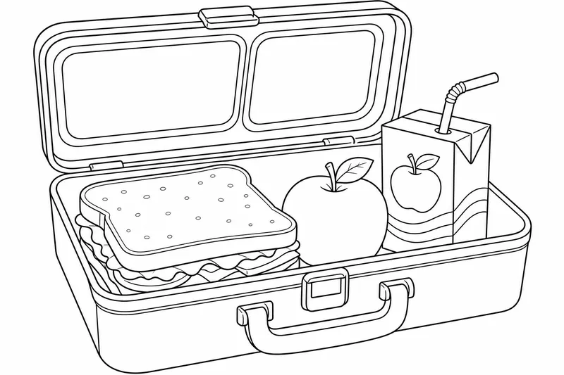 A lunchbox with a sandwich, an apple, and a small juice carton arranged inside, lid open