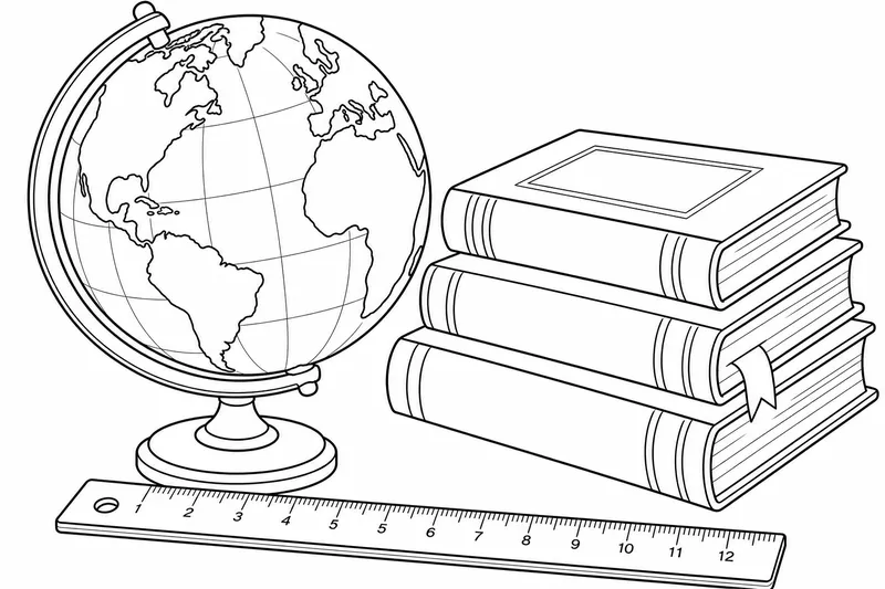 Un globo terráqueo sobre un soporte junto a una pila de libros de texto y una regla de madera