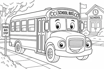 A friendly school bus with big round headlights, a folding door, and rows of windows, parked at a curb