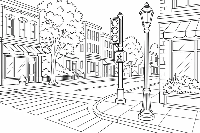 A quiet street corner with a striped crosswalk, a traffic light, and a tall lamppost