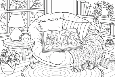 A cozy reading nook with a soft cushion, an open storybook, and a small table lamp