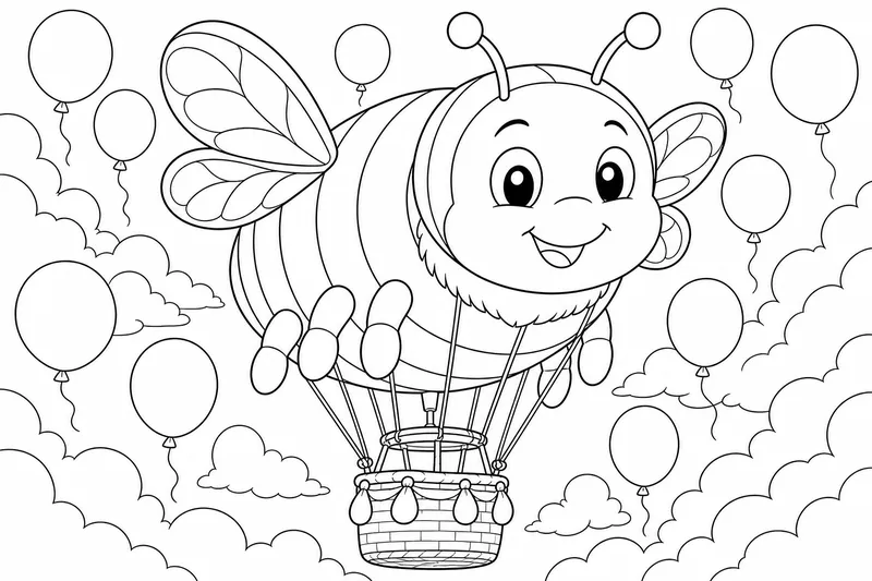Egy különleges formájú hőlégballon, amelyet úgy építettek, hogy egy óriási, barátságos mézelő méhnek tűnjön, amint kerek léggömbök között lebeg