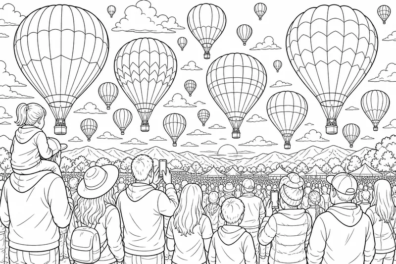 A crowd watching many hot air balloons glowing at dusk, their envelopes lit from inside like giant lanterns