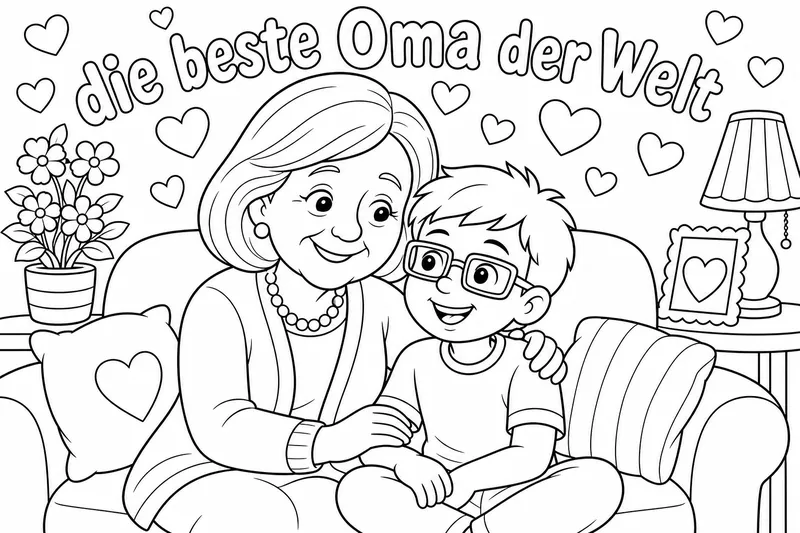 Eine Oma. Über der Oma steht: die beste Oma der Welt. Neben der Oma sitzt ein junge mit einer rechteckigen Brille.die haare von der Oma sind glatt.