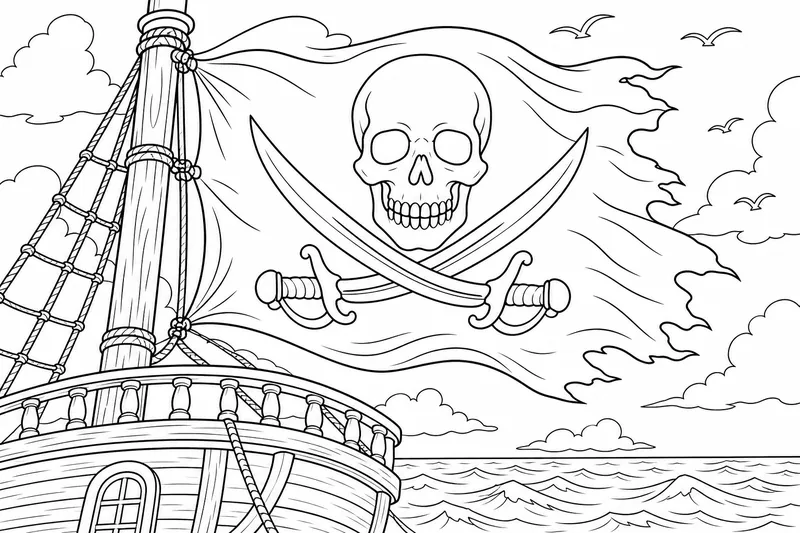 Un drapeau pirate montrant un crâne au-dessus de deux sabres croisés, flottant au vent au-dessus d'un navire