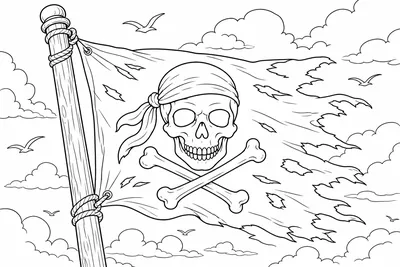 Eine zerfetzte Piratenflagge mit Totenkopf und Bandana, die an einem Mast gegen den offenen Himmel peitscht