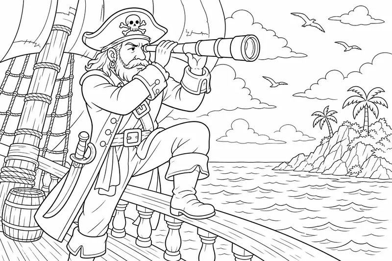 Un vigía pirata mirando a través de un largo catalejo desde la cubierta de un barco