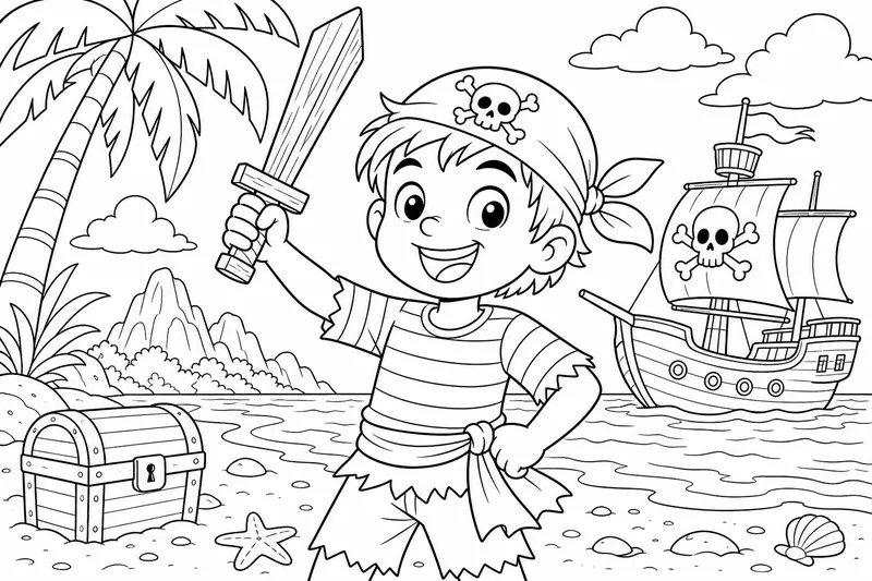 Un jeune enfant pirate avec une chemise rayée et un bandana tenant une épée en bois