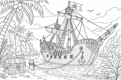 Ein Piratenschiff, das in einer ruhigen Bucht vor Anker liegt, mit einem Ausguck und aufgewickeltem Tauwerk