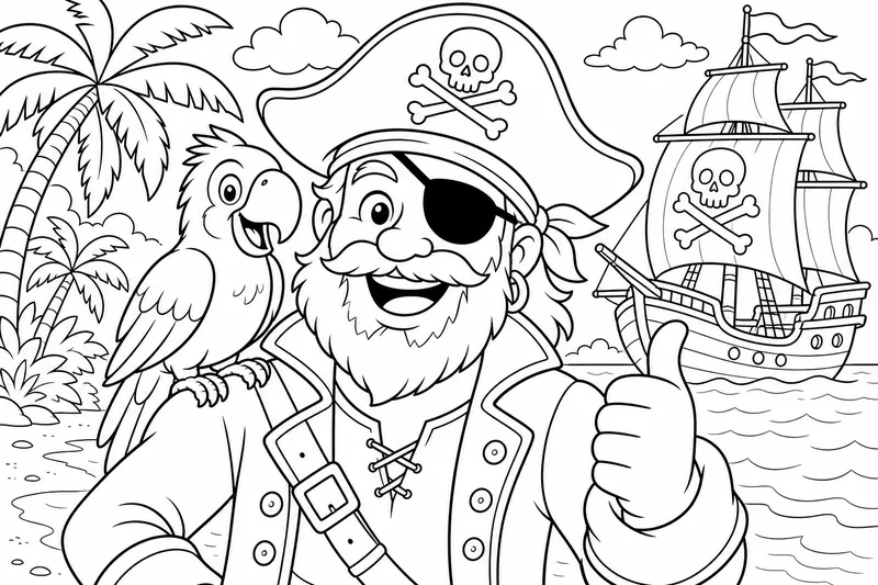 Un pirata alegre con un loro brillante posado en el hombro y un parche en el ojo
