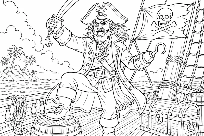 A pirate captain in a tricorn hat and long coat with a hook hand and a raised cutlass
