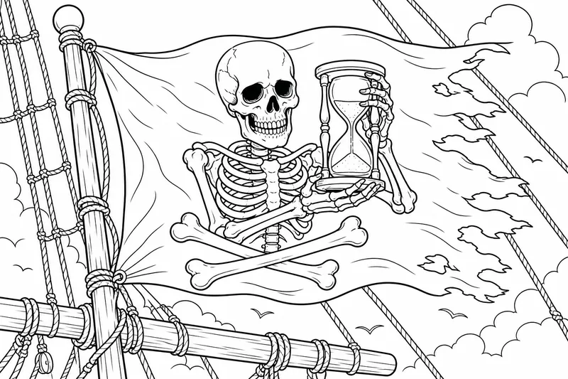Un drapeau pirate avec un squelette tenant un sablier, flottant au-dessus du gréement d'un navire