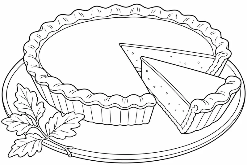 A pumpkin pie with a fluted crust and two cut slices, a sprig of leaves on the plate