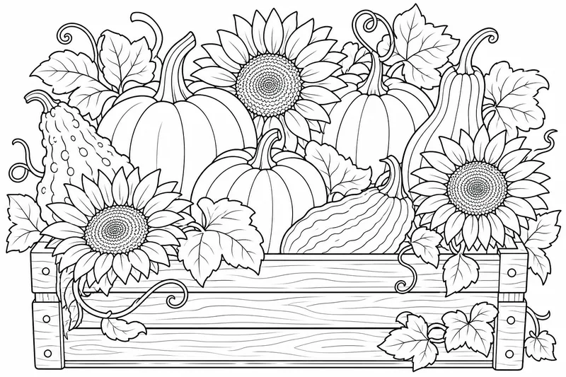 An autumn arrangement of pumpkins, sunflowers, and gourds in a wooden crate