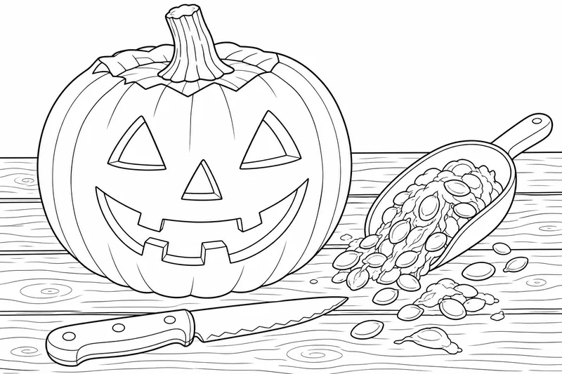 A carved jack-o-lantern on a table beside a carving knife and a scoop of seeds and pulp
