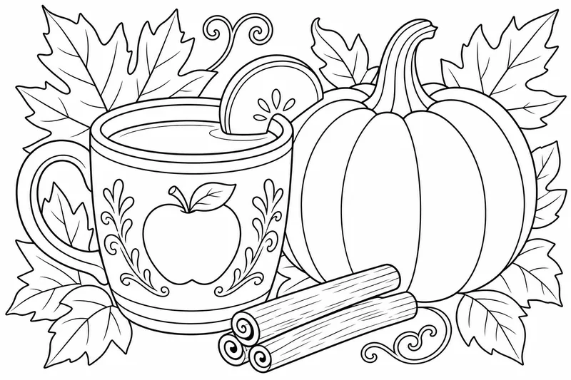 A steaming mug of cider next to a small pumpkin and two cinnamon sticks
