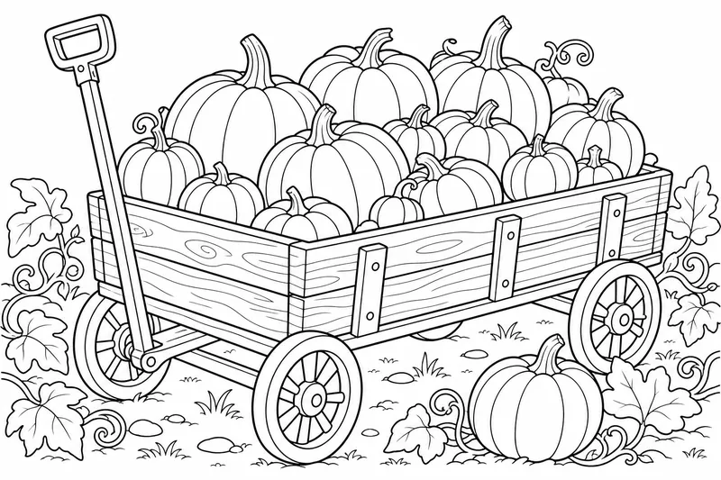 A child's wooden wagon overflowing with pumpkins of different sizes