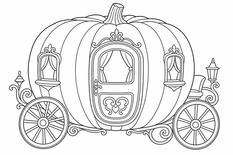 A tall Cinderella pumpkin, flattened and deeply ribbed like a carriage, with a short sturdy stem