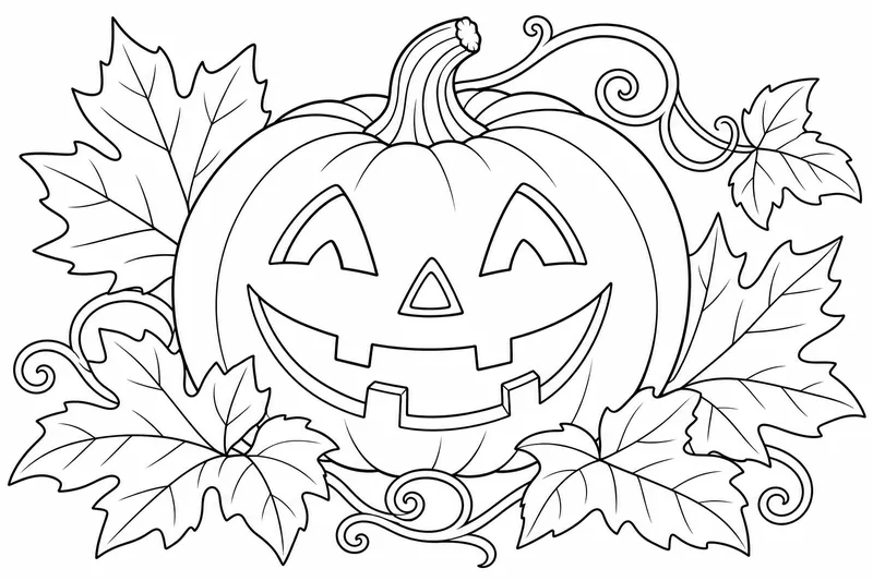 A grinning jack-o-lantern surrounded by a few autumn leaves and a curling vine
