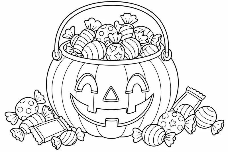 A pumpkin-shaped trick-or-treat bucket overflowing with wrapped candy