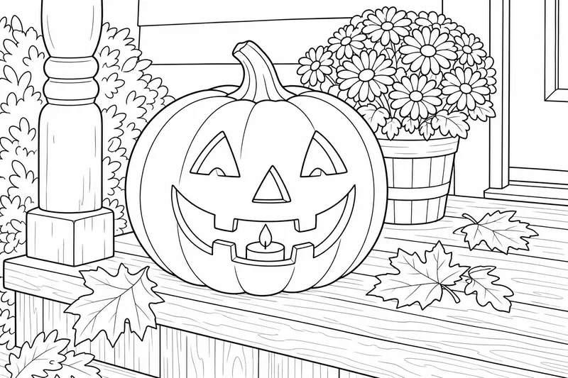 A smiling jack-o-lantern with a candle glow inside, sitting on a wooden porch step