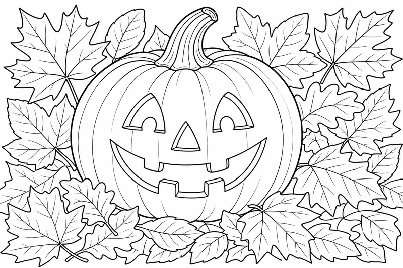 A round carved pumpkin lantern with a friendly toothy grin among fallen autumn leaves