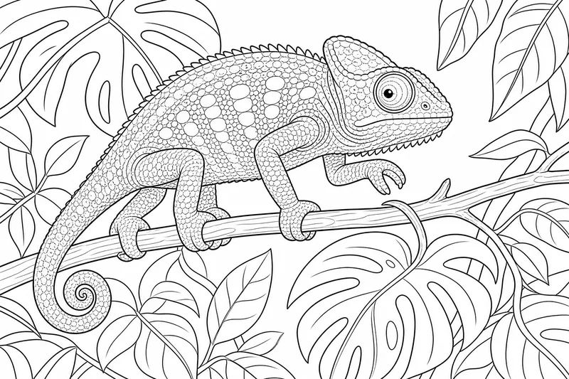 Chameleon kráčející po tenké větvi s přilnavými rozeklanými chodidly, jedna přední noha zvednutá