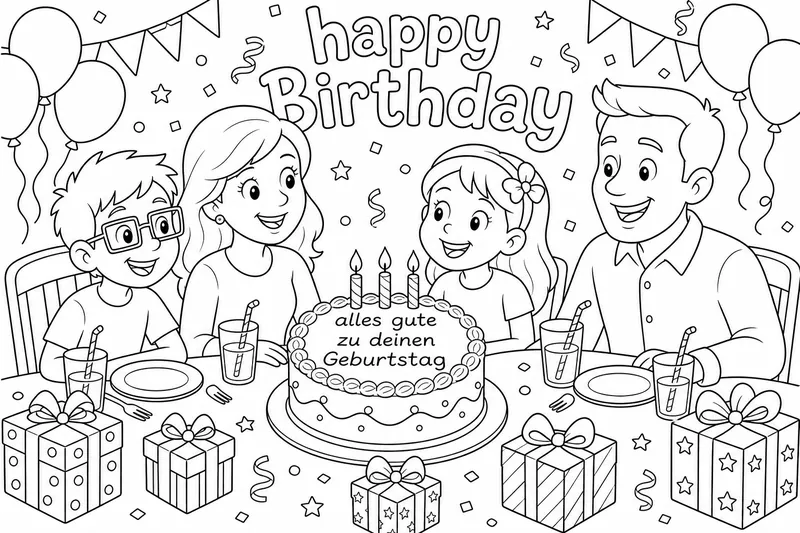 Eine Familie( Bruder, Schwester, Mama und Papa) die an einen Tisch sitzen. Auf den Tisch steht ein Kuchen und auf den Kuchen steht; alles gute zu deinen Geburtstag. Es sollen noch drei Kerzen auf den Kuchen sein. Es sollen auch drei kleine und zwei große Geschenke auf den Tisch stehen. Oben auf den bild soll;happy Birthday“stehen.auf den Tisch sind Gläser mit Saft gefüllt und es sollen Strohhalme in den gläsern sein. Vor jeden sind Teller und Gabel. Der Bruder hat eine quadratische Brille auf.