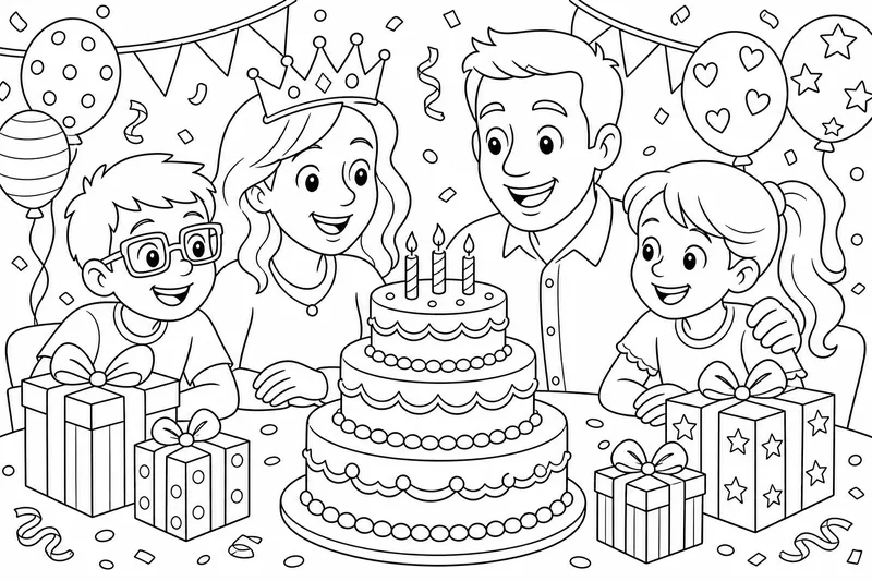 Eine Familie( Bruder, Schwester, Mama und Papa) sitzen an einen Tisch. Auf den Tisch steht ein Kuchen mit drei Stockwerken. Und Geschenke stehen auch auf den Tisch. Die Mama hat eine Krone auf. Der Bruder hat eine quadratische Brille auf.