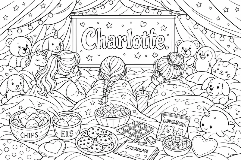 Three 11-year-old friends are lying in a cave made of pillows and blankets. They have many snacks, e.g., cookies, chips, ice cream, chocolate, and gummy bears. They are watching a movie on a cinema screen. Above it, it says: "Charlotte." They are snuggled up in blankets. Inside the cave made of pillows and blankets, there are many stuffed animals.