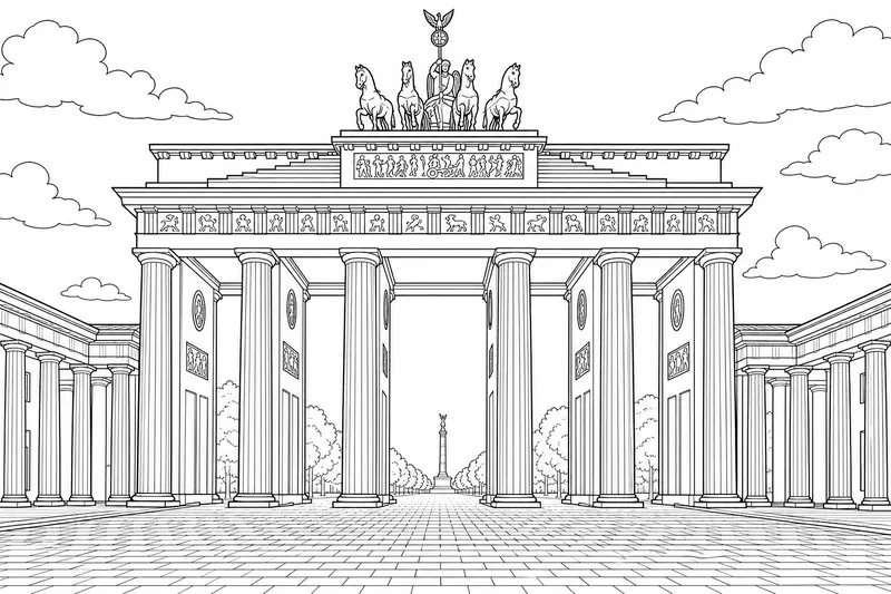 La porte de Brandebourg à Berlin vue de face, six hautes colonnes de pierre et un char tiré par quatre chevaux sur le toit, une large place vide devant, des contours audacieux, nets et réguliers avec de généreux espaces blancs ouverts, pas d'inscriptions, pas de mots, pas de chiffres, pas de drapeaux, pas de bannières nulle part