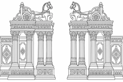 A wide city gate drawn as two separate halves with a narrow empty gap running down the middle, the left half and the right half mirroring each other, three columns on each side and half a horse chariot on each roof, bold clean even outlines, no lettering, no words, no numbers anywhere