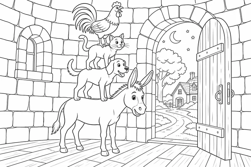 Les quatre musiciens de Brême debout les uns sur les autres dans une haute tour, un âne en bas, un chien sur l'âne, un chat sur le chien et un coq au sommet, une porte de maison simple derrière eux, des contours audacieux, nets et réguliers, pas de lettrage, pas de mots, pas de chiffres nulle part