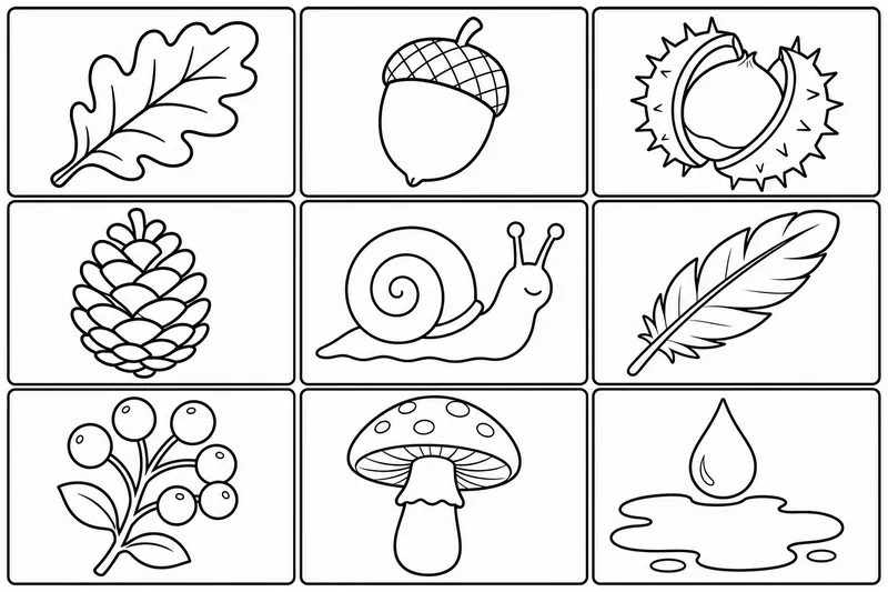 A bingo card of nine square boxes in a three by three grid, each box holding one simple bold outline: an oak leaf, an acorn, a chestnut in its open spiky shell, a pine cone, a snail, a bird feather, a sprig of round berries, a mushroom, and a puddle with a raindrop. Thick clean outlines, large open shapes, plenty of white space in each box, no letters, no numbers, no words.