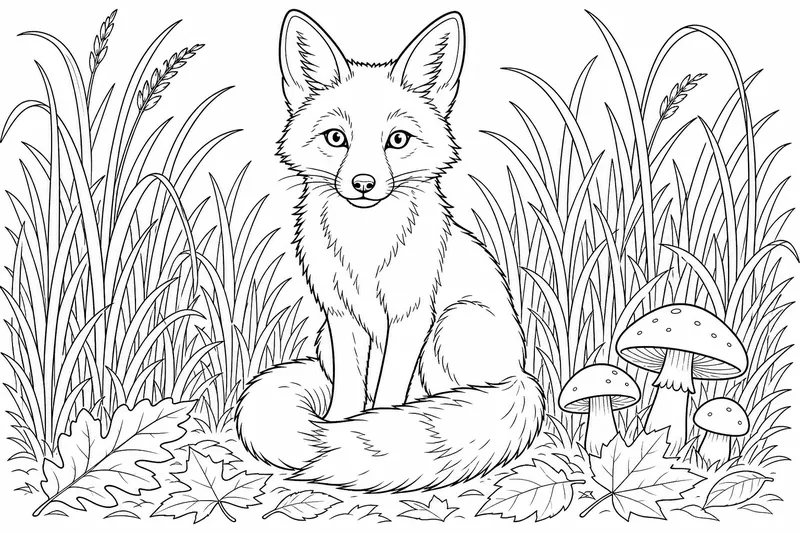 A red fox sitting perfectly still in tall autumn grass with both big ears turned forward, listening, tail wrapped around its paws, a few mushrooms and fallen leaves at the edge, bold clean outlines with large open areas