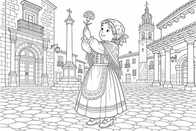 A child in a traditional Aragonese costume, a fringed shawl over the shoulders, a long skirt with an apron and a knotted headscarf, holding one single carnation up with both hands, standing on a cobbled square, simple bold outlines, wide open spaces
