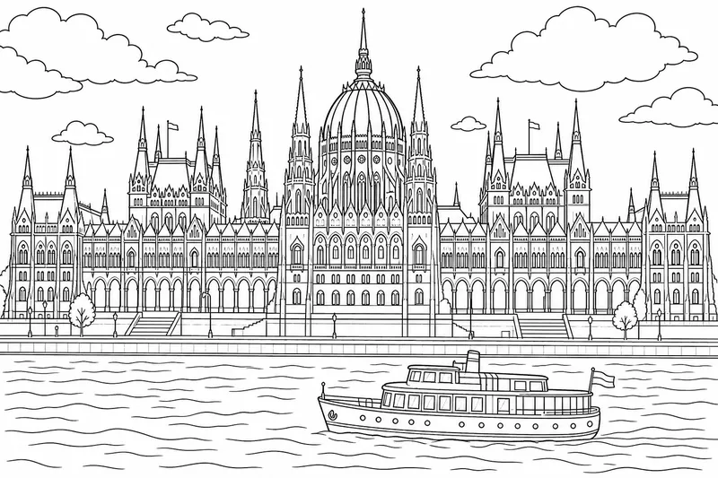 A grand parliament building with a central dome and many slim pointed spires, seen across a wide calm river with a small boat, simplified with bold outlines and large open areas