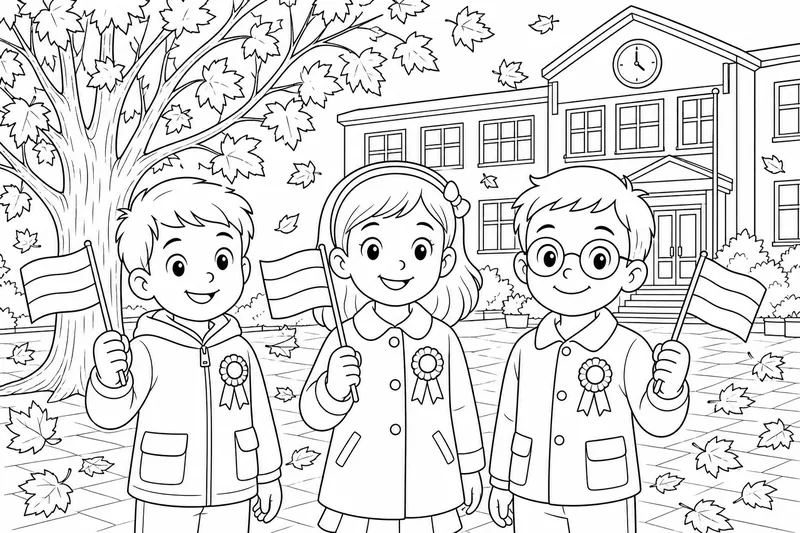 Three children standing in a school courtyard holding small three-stripe paper flags on sticks, each with a round cockade on their coat, a tree with falling leaves behind them, bold simple outlines, faces simple and friendly