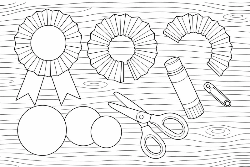 A craft table with three paper cockade rosettes in different stages, round paper circles, a pair of child scissors, a glue stick and a safety pin, seen from above, bold simple outlines and large open shapes