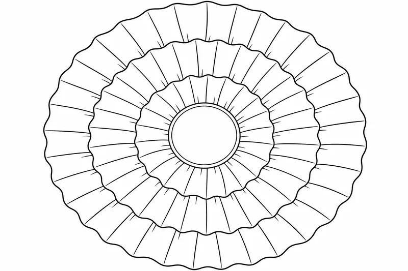 A cockade rosette seen flat from the front, made of three wide separate rings, a big outer ring, a middle ring and a small inner ring around a round button, each ring gently pleated, no ribbons, bold thick outlines, plain white background