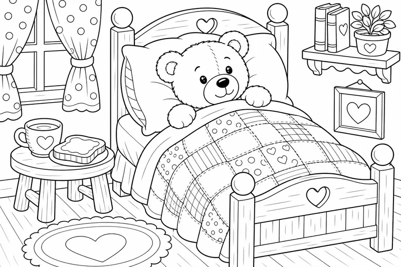 Egy kismackó egy kis ágyba betakarva, patchwork takaró alatt, feje egy nagy párnán, egy csésze tea és egy szelet pirítós egy kis sámlin az ágy mellett. Nagy, egyszerű formák, széles, nyitott terek, vastag, tiszta körvonalak, nincs szöveg, nincsenek betűk, nincsenek számok.