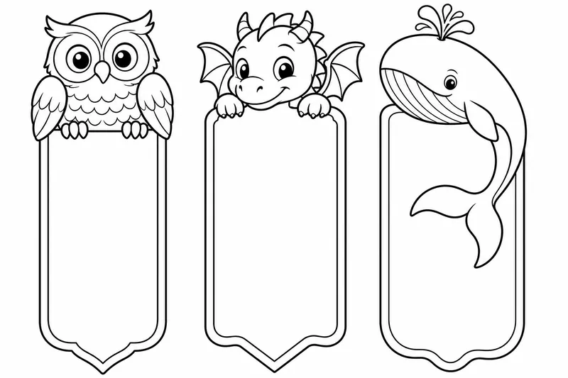 Three wide bookmark strips lying side by side, the first with an owl perched at the top, the second with a small friendly dragon peeking over the top edge, the third with a whale whose tail curls down the strip, large open areas, bold thick outlines, no letters or numbers anywhere
