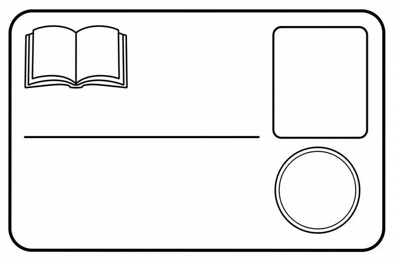 A large blank library card with rounded corners, a small open book drawn in the top left corner, one long empty line across the middle, a square empty box for a photo on the right and a round empty stamp circle below, bold thick border, completely free of letters, words or numbers