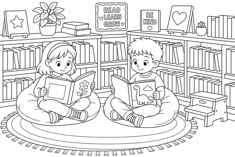 A children's library corner with low wooden shelves full of plain books with blank spines, a round rug, two children sitting on big floor cushions reading picture books, a potted plant and a small step stool, simple bold outlines, no letters anywhere