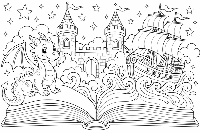 An open book lying flat with a small friendly dragon, a castle with two towers and a sailing ship rising out of its pages on curling waves, stars around them, bold clean outlines, open spaces to color, no letters on the pages