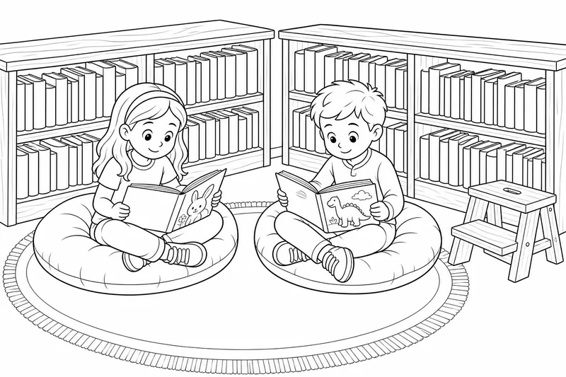 Two children sitting on big floor cushions in a library corner reading picture books, low wooden shelves behind them with plain books, a round rug and a step stool, bare walls with no signs or posters, bold simple outlines, absolutely no letters, words or writing anywhere
