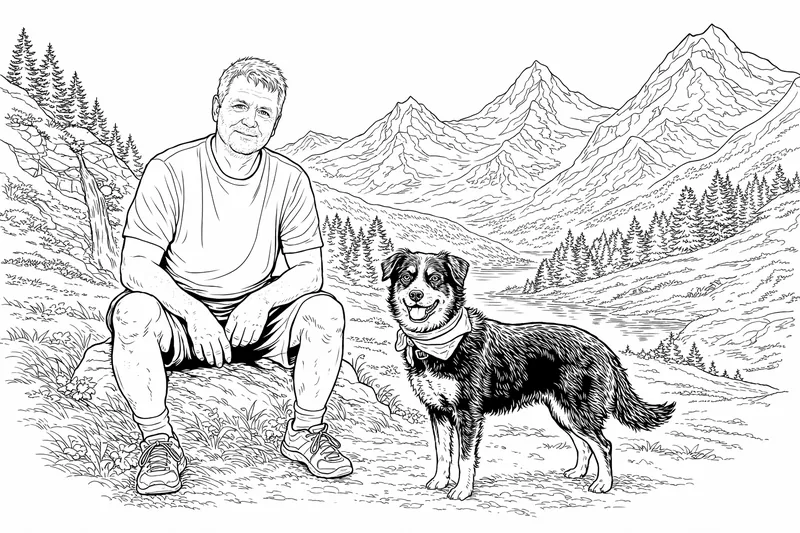 prenez le gars en t-shirt rouge et le chien et placez-les devant un joli fond alpin rendez le visage du gars absolument réaliste pour qu'il ressemble exactement à la réalité