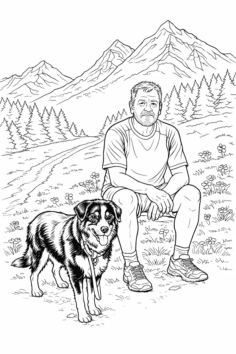Behalten Sie nur den Kerl im roten T-Shirt und den Hund. Stellen Sie sie vor einen alpinen Hintergrund, der einfach zu färben ist. Das Gesicht des Mannes darf sich nicht ändern