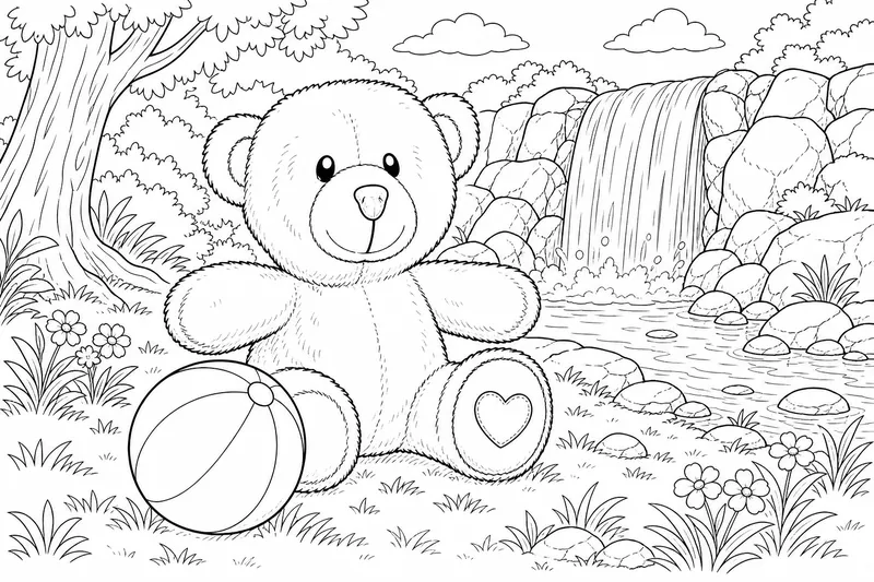 nimm den Teddybär und platziere ihn in die Natur wo er mit einem Ball spielt und im Hintergrund ist ein Wasserfall